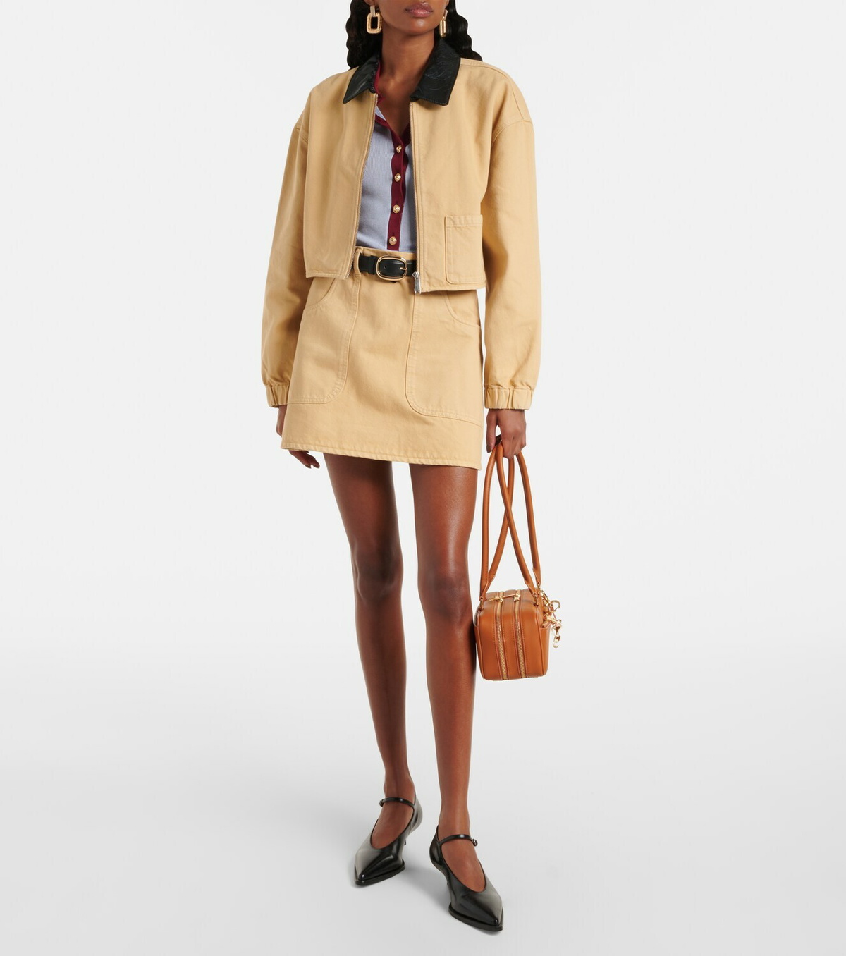 Self-Portrait Leather-trimmed denim jacket