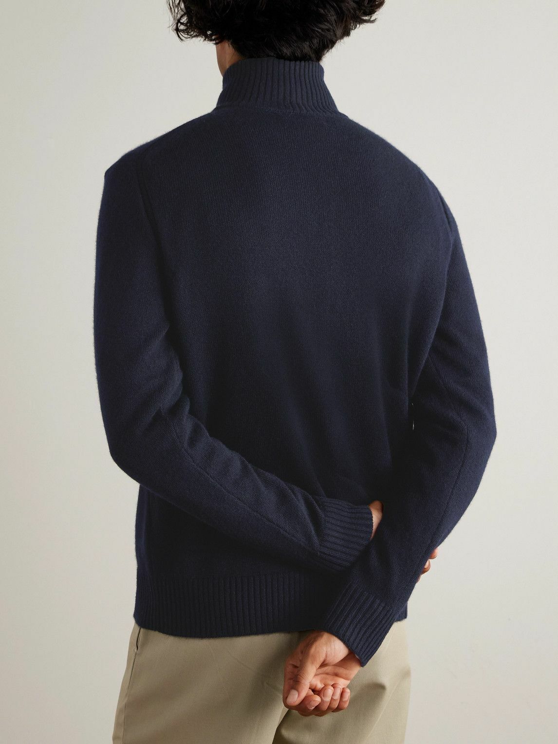 Purdey - Leather-Trimmed Cashmere Half-Zip Sweater - Blue