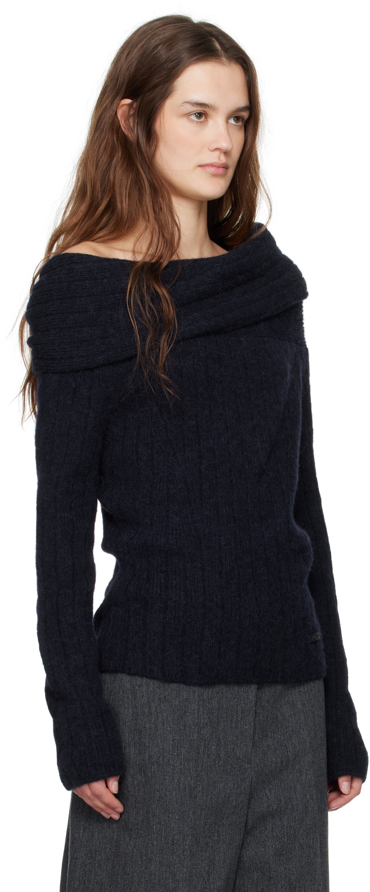 Juun.J Navy Mohair Open Shoulder Golji Sweater