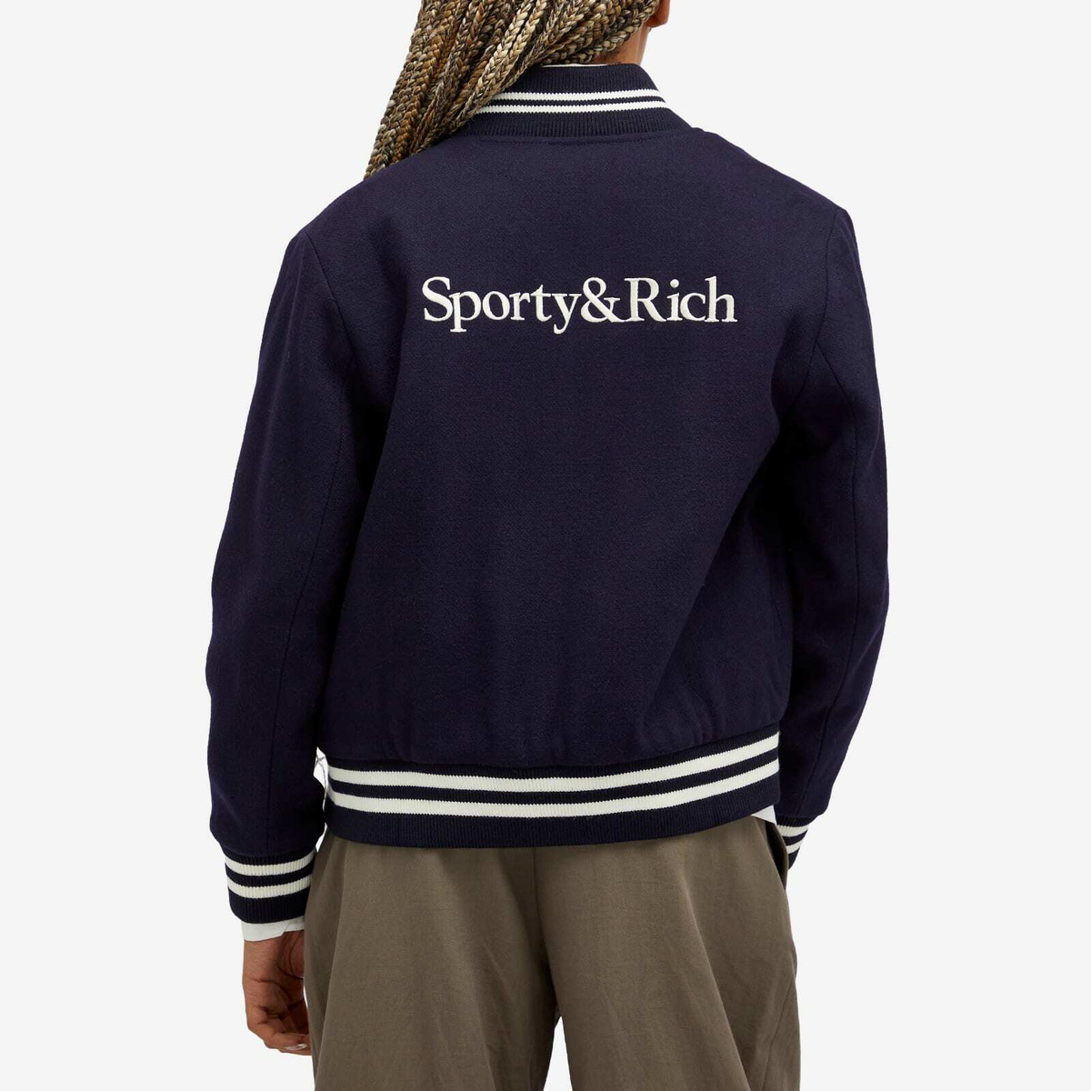 Sporty & Rich Women's Yankees Serif Varsity Jacket in Navy