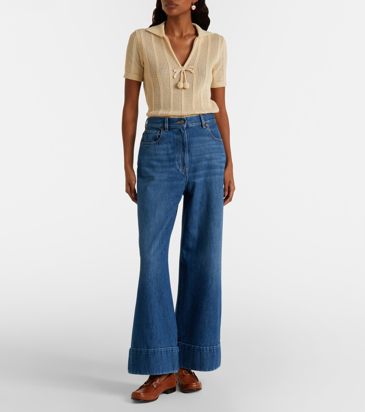 Valentino Leather-trimmed wide-leg jeans