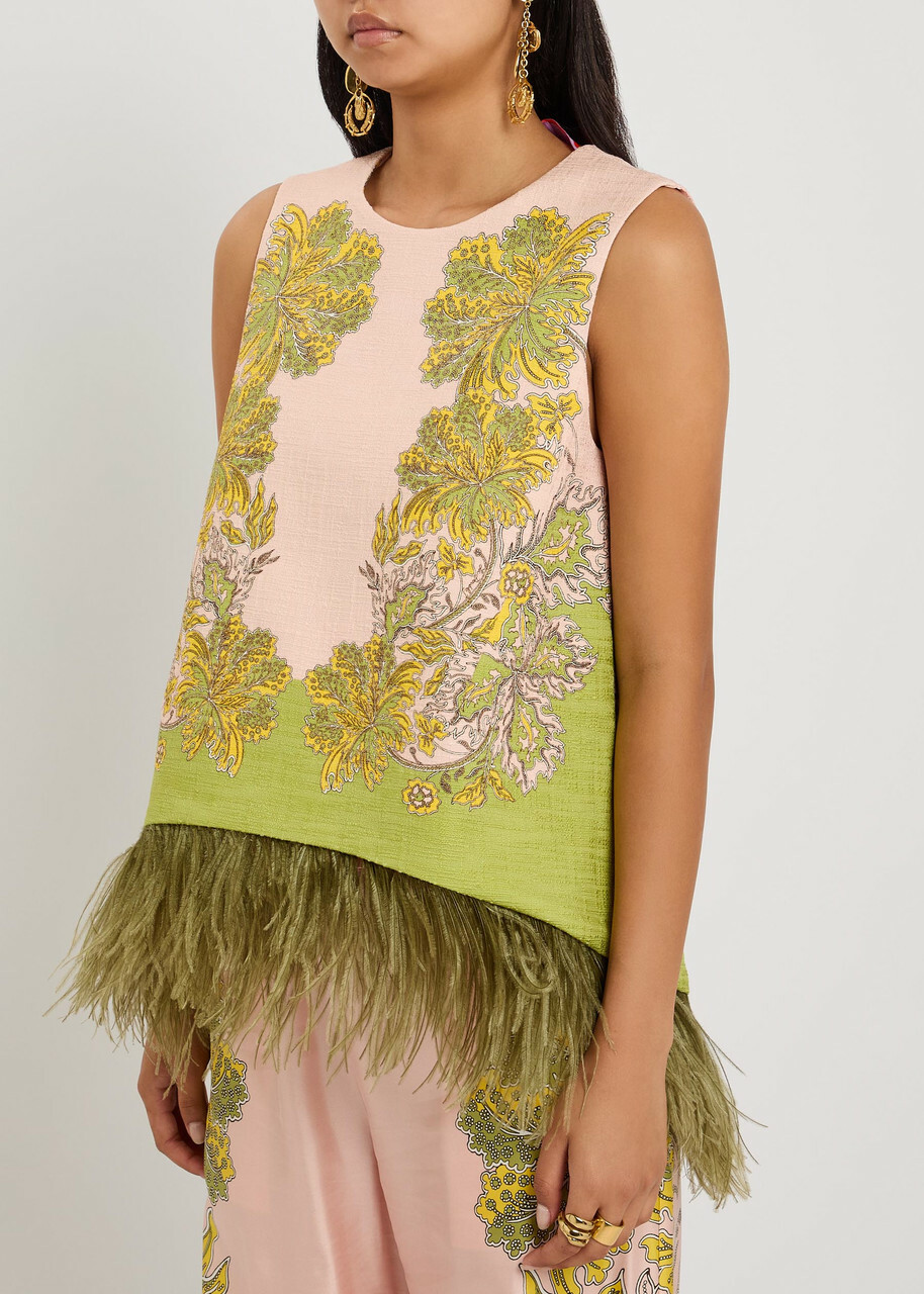 LA Double J La Scala Feather-trim Woven top Pink