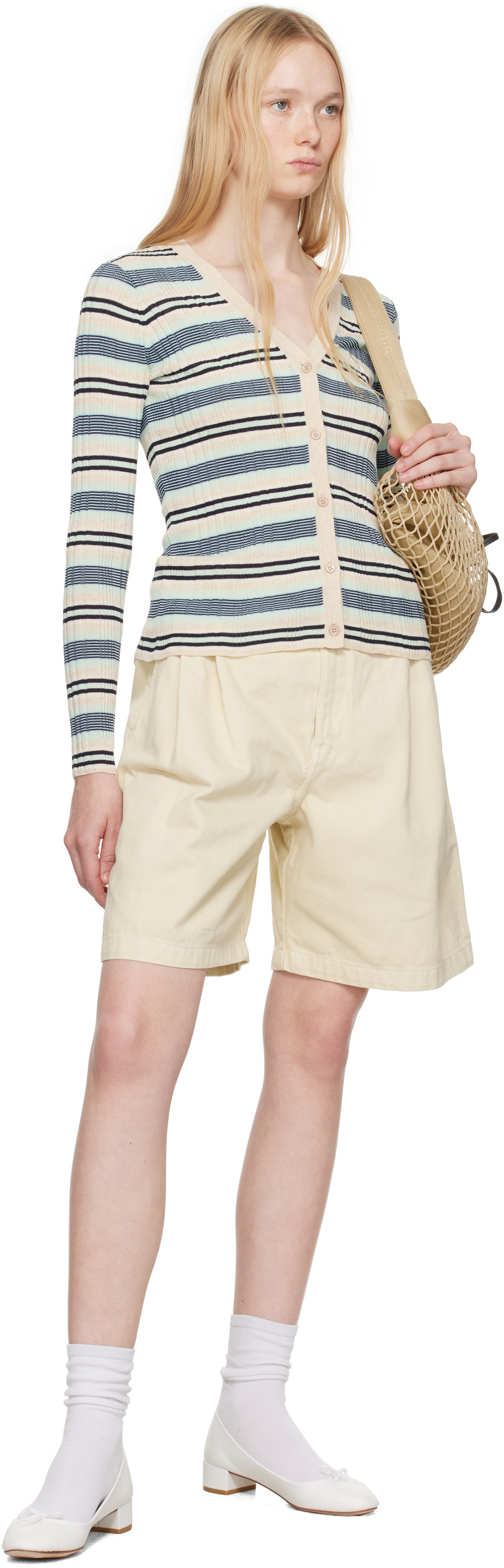 Maison Kitsuné Beige & Blue Fine Rib Striped Cardigan