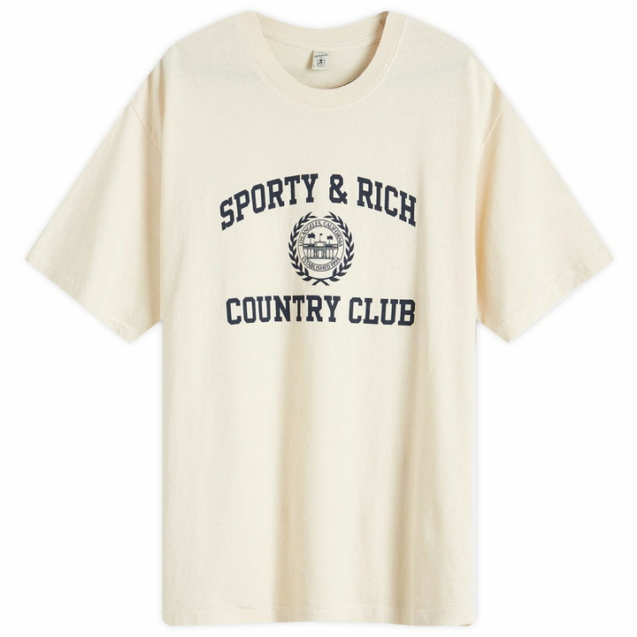 Photo: Sporty & Rich Men's Varsity Crest T-Shirt in Cream/Navy