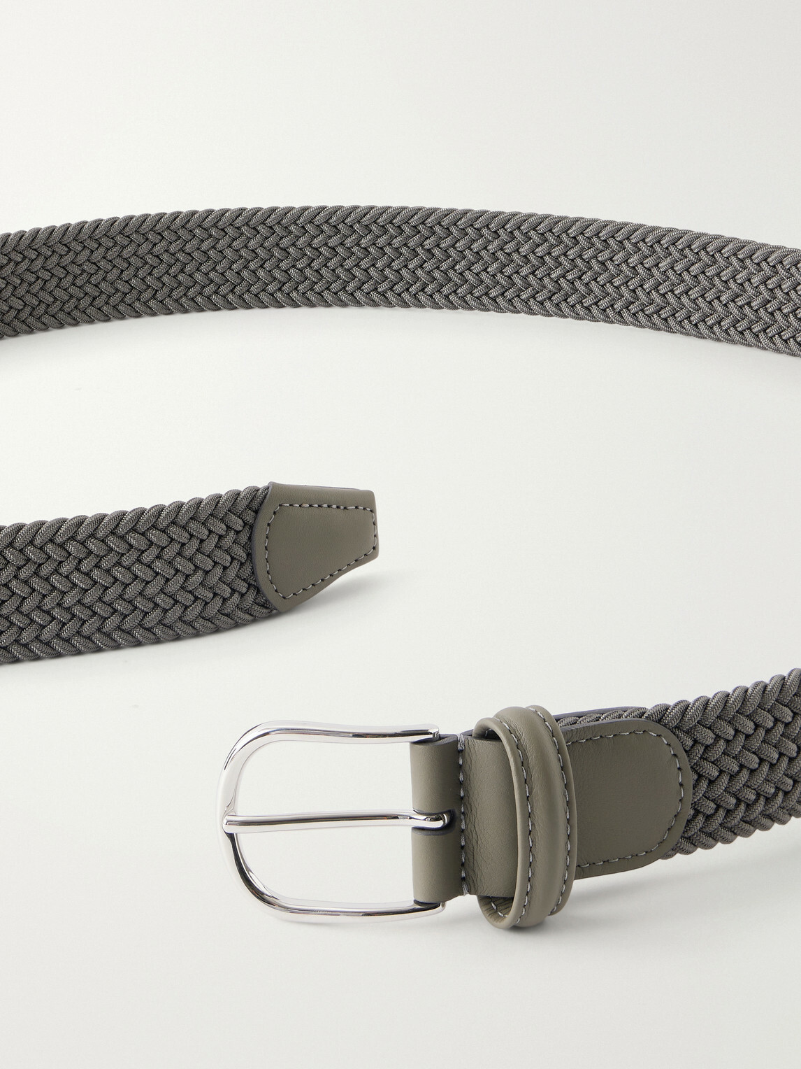 Anderson's - 3.5cm Leather-Trimmed Woven Elastic Belt - Gray