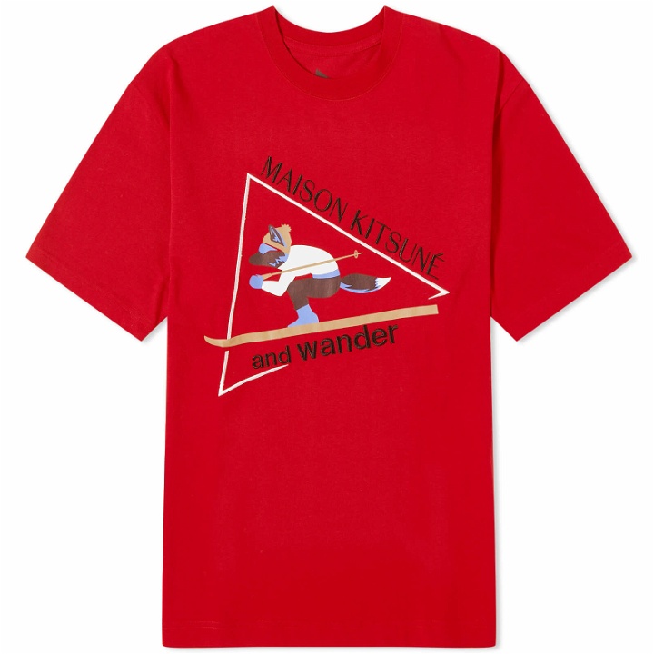 Photo: And Wander Men's x Maison Kitsuné Skiing Fox T-Shirt in Red