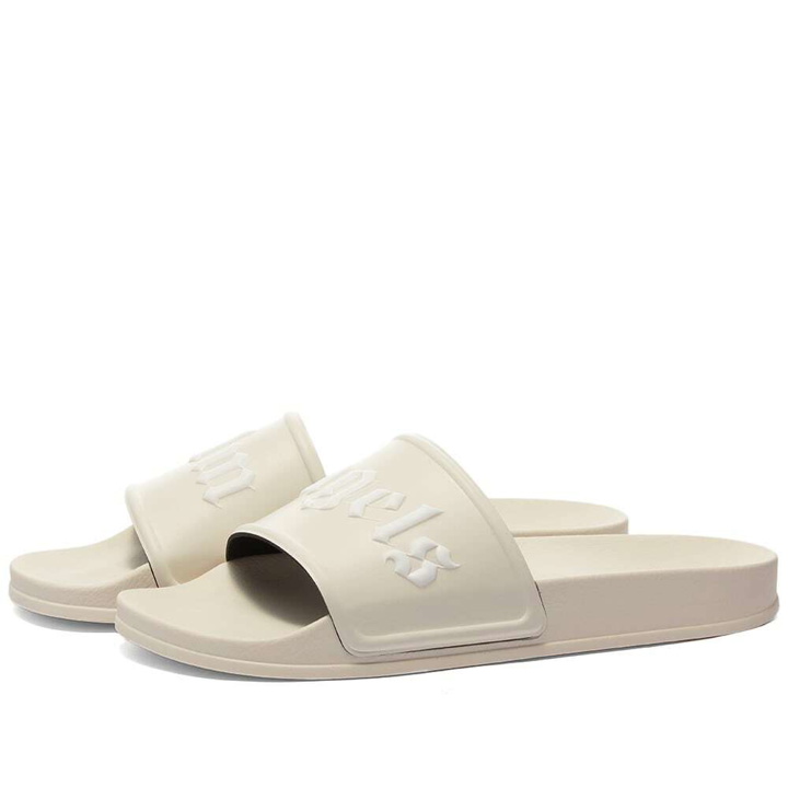 Photo: Palm Angels Men's Logo Pool Slide in Beige/White