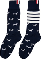 Thom Browne Navy Cotton 4-Bar Hector Mid Calf Socks