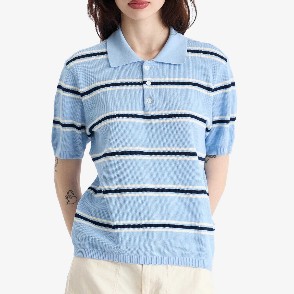 DUNST Women's Unisex Striped Polo Knit in Skyblue/Cream