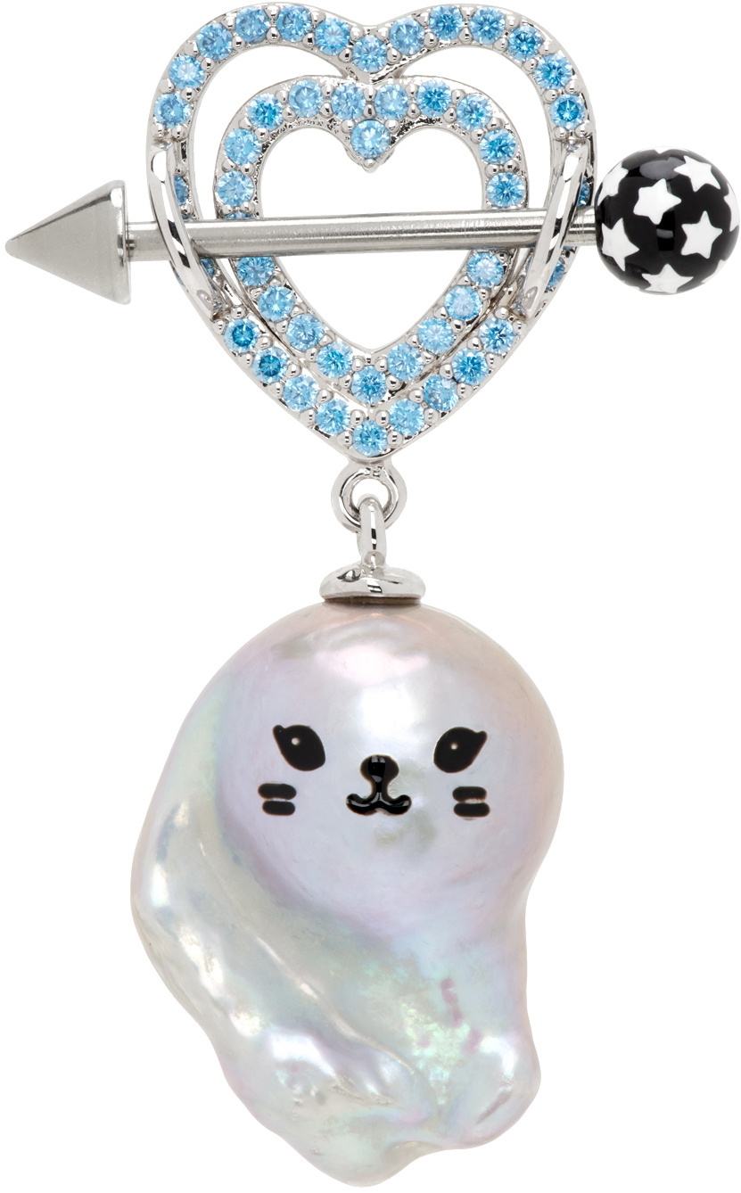 JIWINAIA Silver & Blue Kitten Baroque Pearl Single Earring