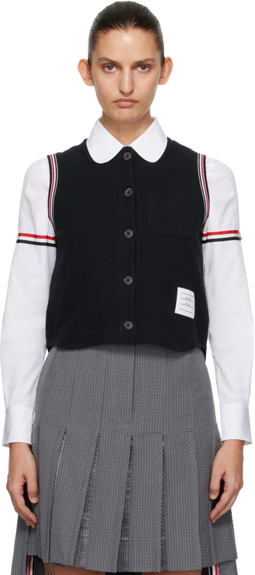 Photo: Thom Browne Navy Pique RWB Trim Sleeveless Shirt