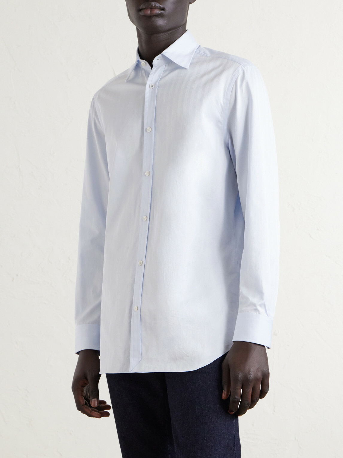 Dunhill - Cutaway-Collar Herringbone Cotton Shirt - Blue