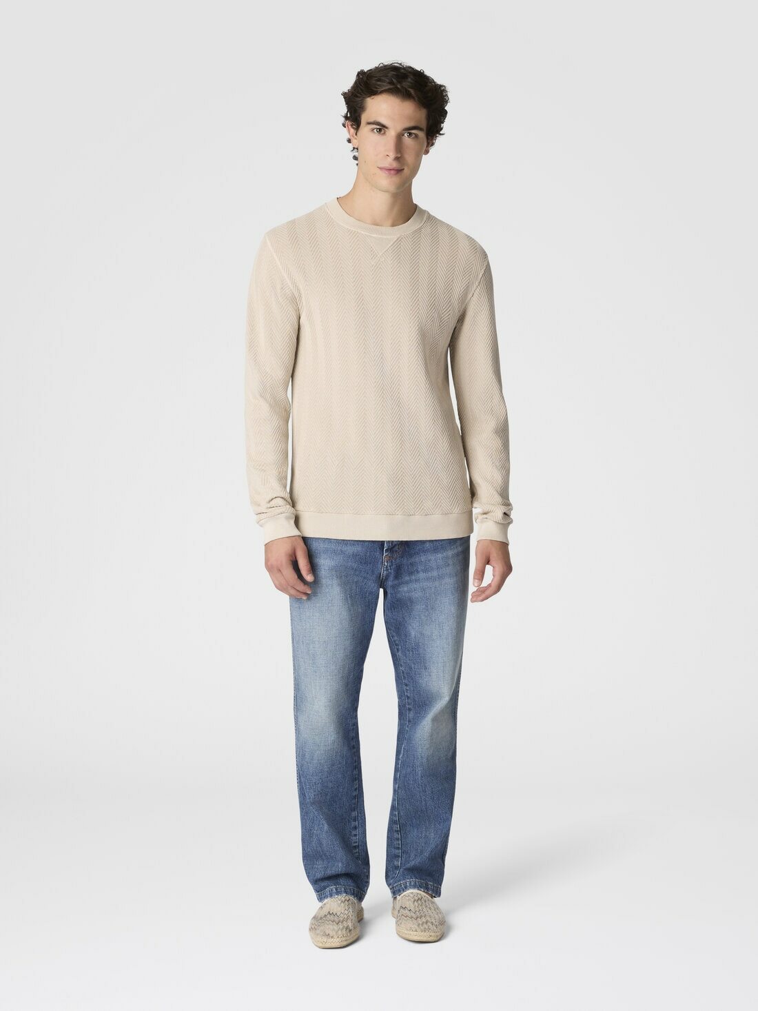 Missoni - Crew-neck cotton and viscose sweatshirt with tone-on-tone zigzag pattern, Men, Beige