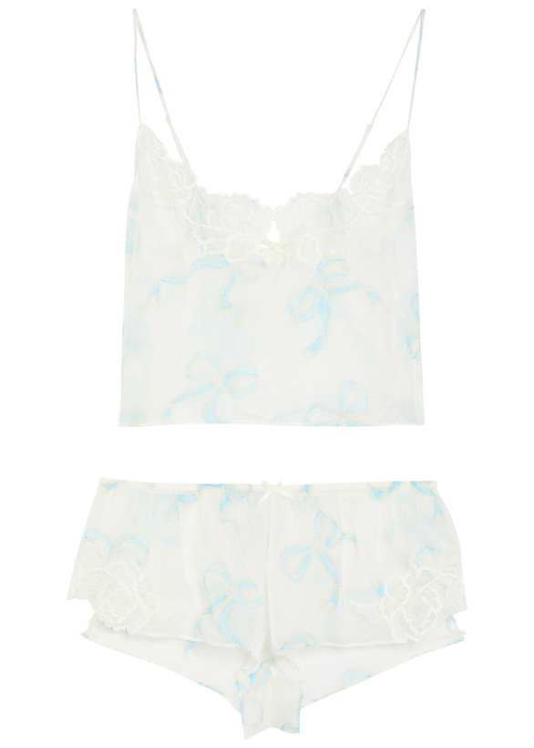 Photo: Skims Romance Sheer Bow-print Silk Pyjama set White