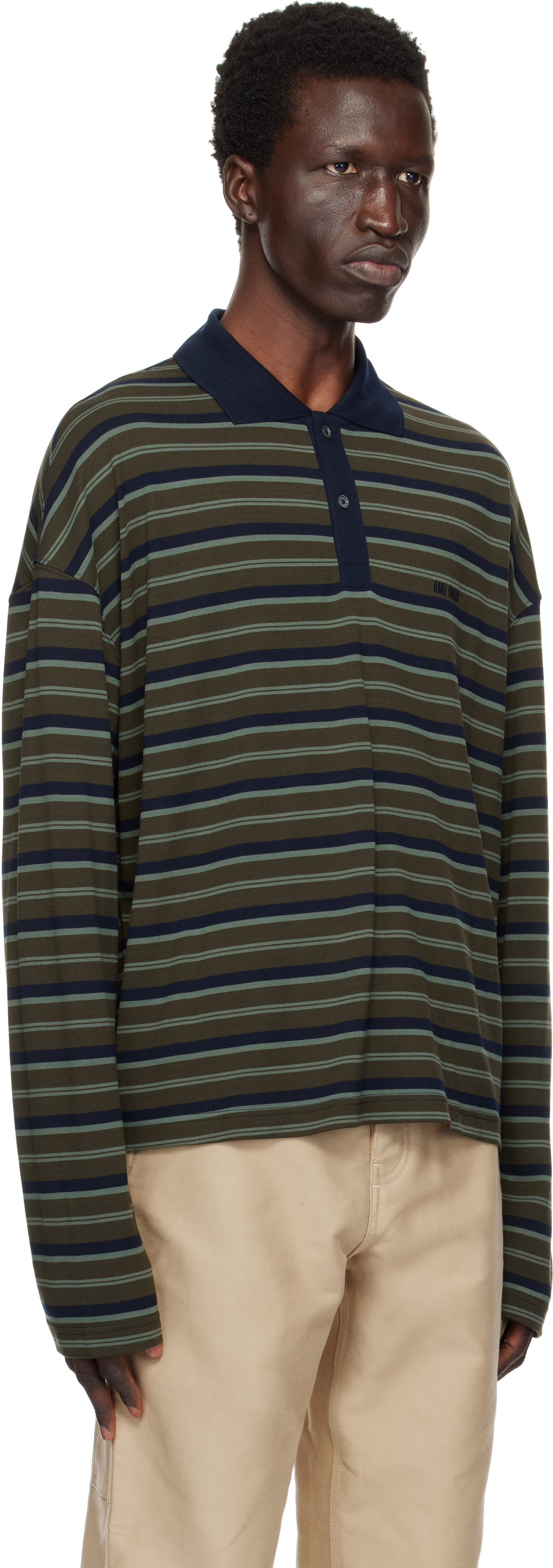 Tシャツ・カットソー Ami Khaki Polo Shirt With Button Placket AMI Paris Khaki Striped Polo AMI
