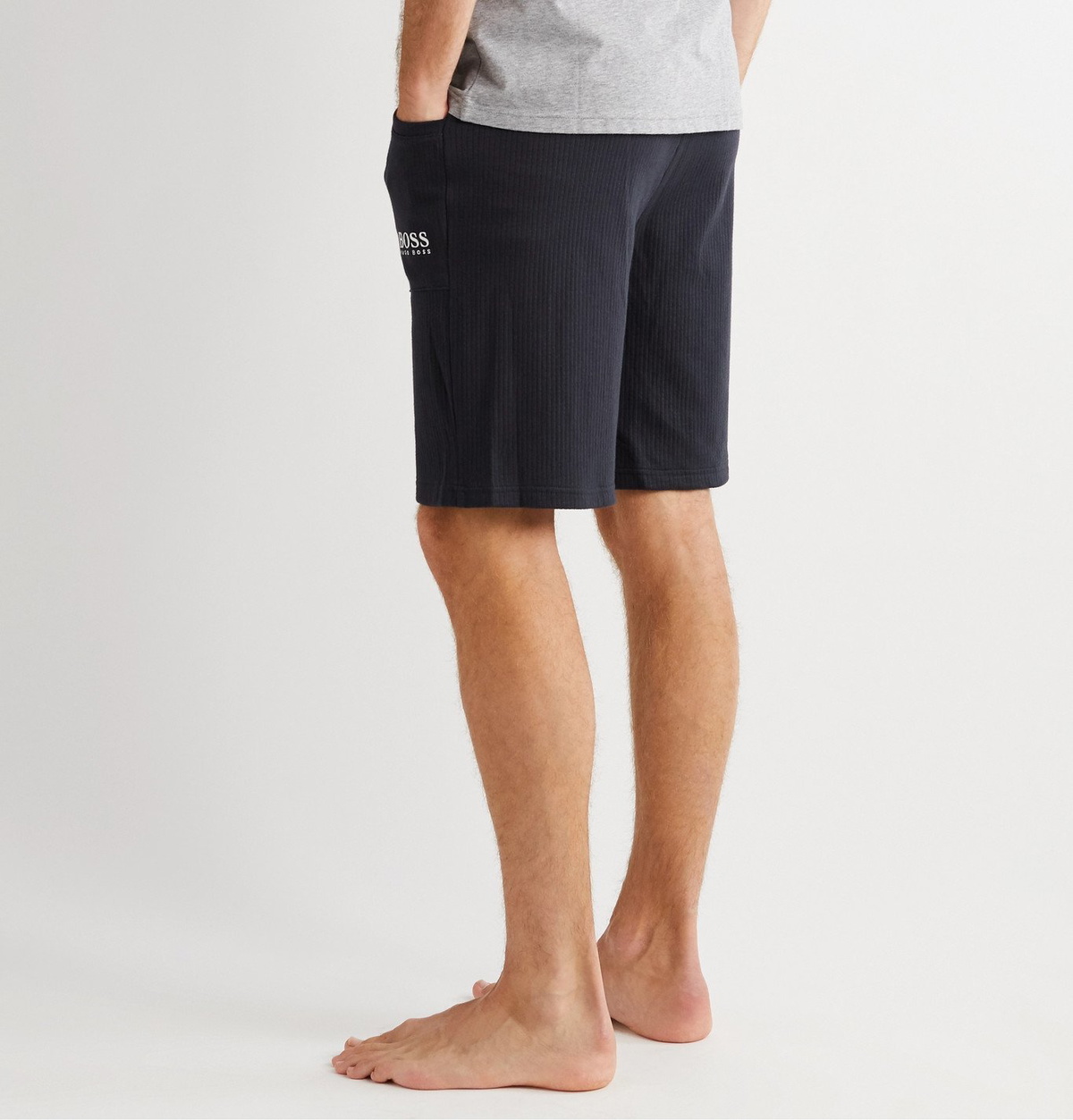 Hugo Boss - Logo-Embroidered Waffle-Knit Cotton-Jersey Drawstring Shorts -  Blue Hugo Boss