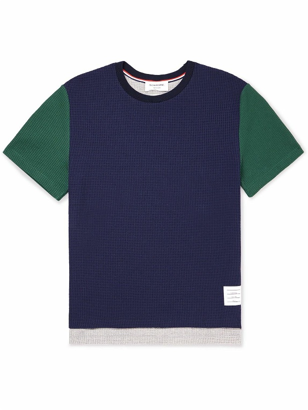 Photo: Thom Browne - Logo-Appliquéd Colour-Block Waffle-Knit Cotton T-Shirt - Blue