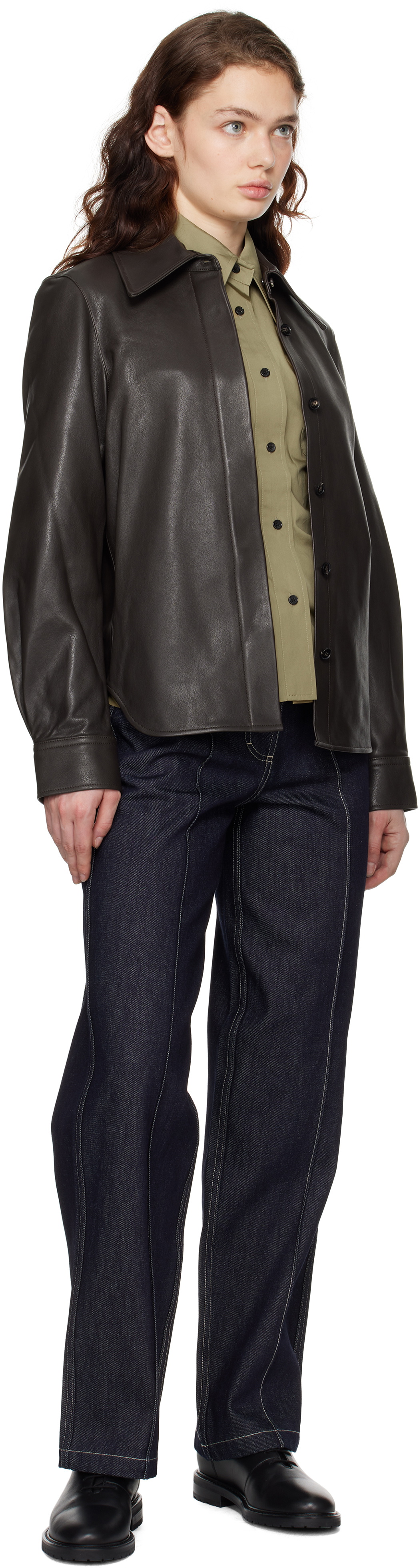 CO Brown Structured Button Down Leather Shirt