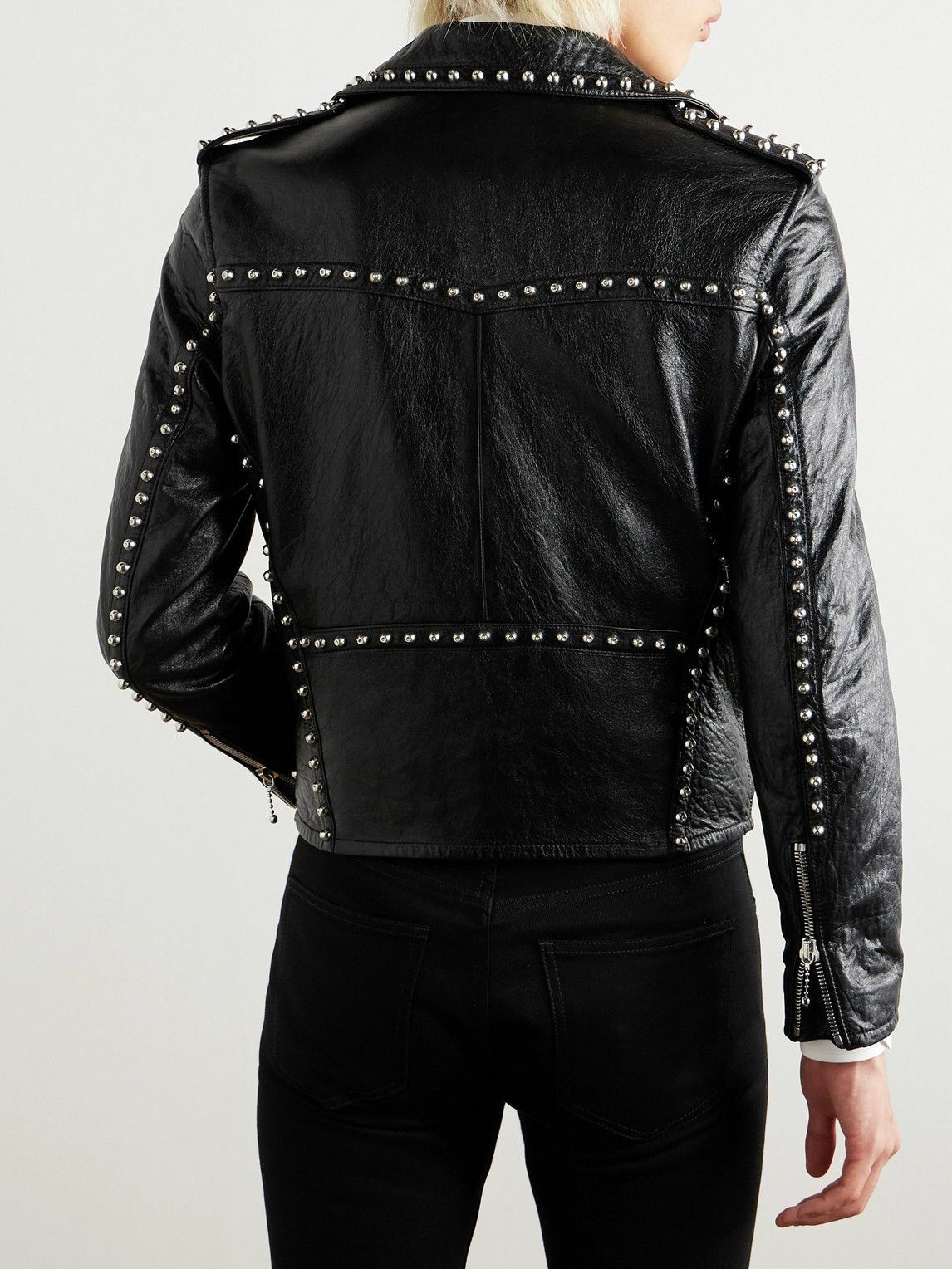 CELINE - Studded Belted Textured-Leather Jacket - Black