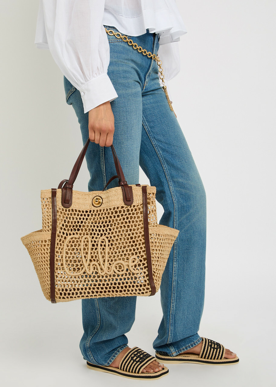 Chloe Iconic Logo Leather and Raffia Tote bag - Sand - One Size