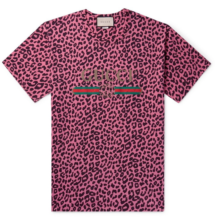 Photo: Gucci - Logo and Leopard-Print Cotton-Jersey T-Shirt - Men - Pink