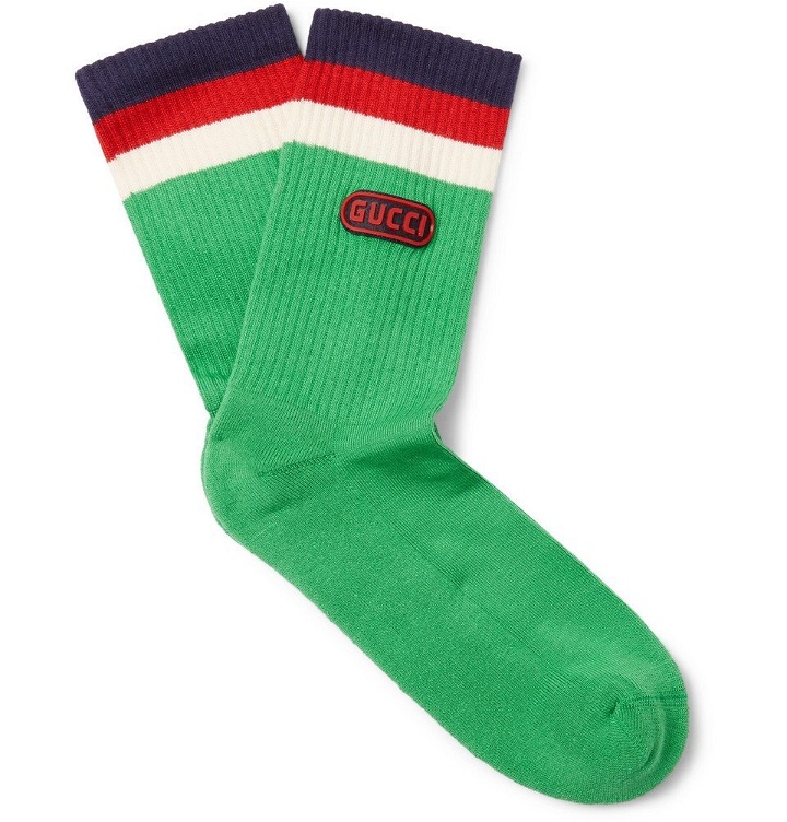 Photo: Gucci - Appliquéd Striped Stretch Cotton-Blend Socks - Men - Green