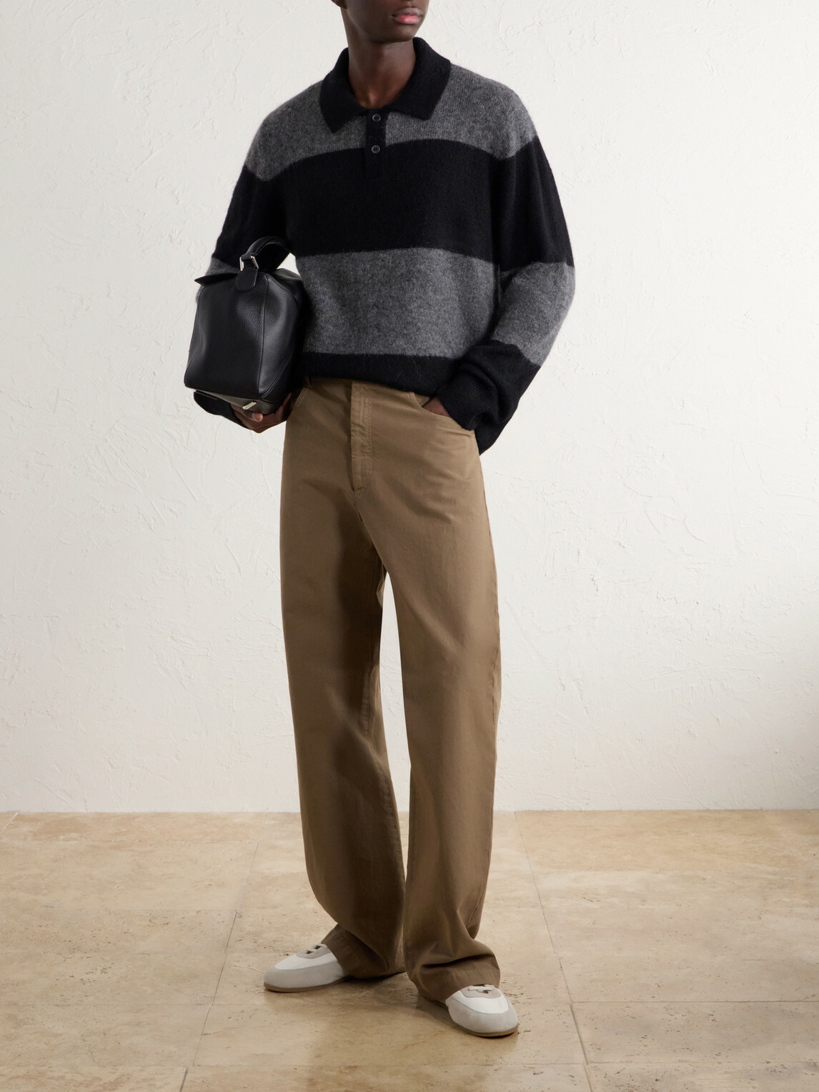 Corridor - Striped Woven Brushed Alpaca-Blend Polo Sweater - Black