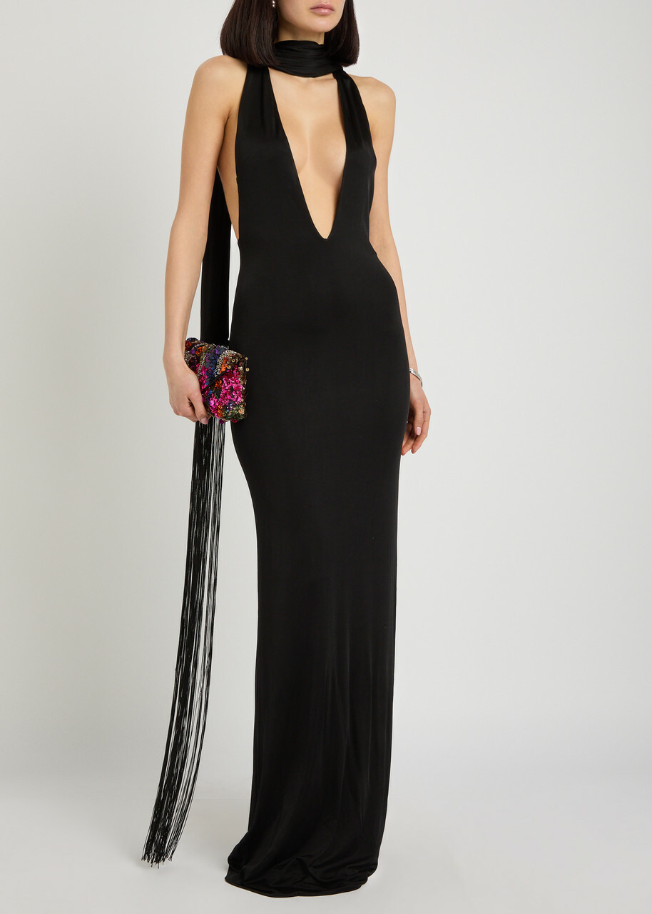 The New Arrivals Ilkyaz Ozel Olympia Scarf-effect Stretch-jersey Maxi Dress Black