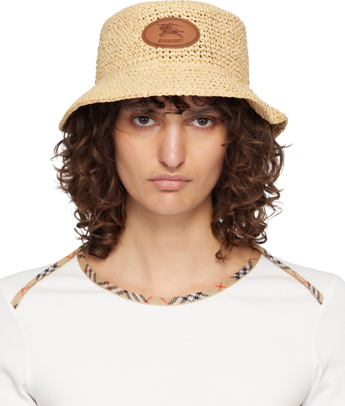 Burberry Beige Knight Stamp Raffia-Effect Bucket Hat