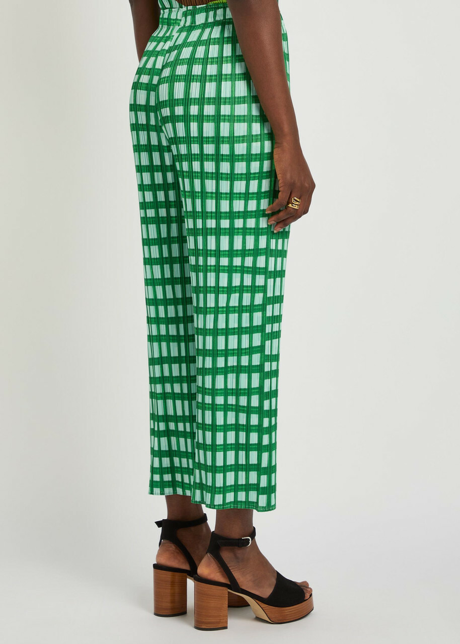 Pleats Please Issey Miyake Gingham Pleated Straight-leg Woven Cropped Trousers Green