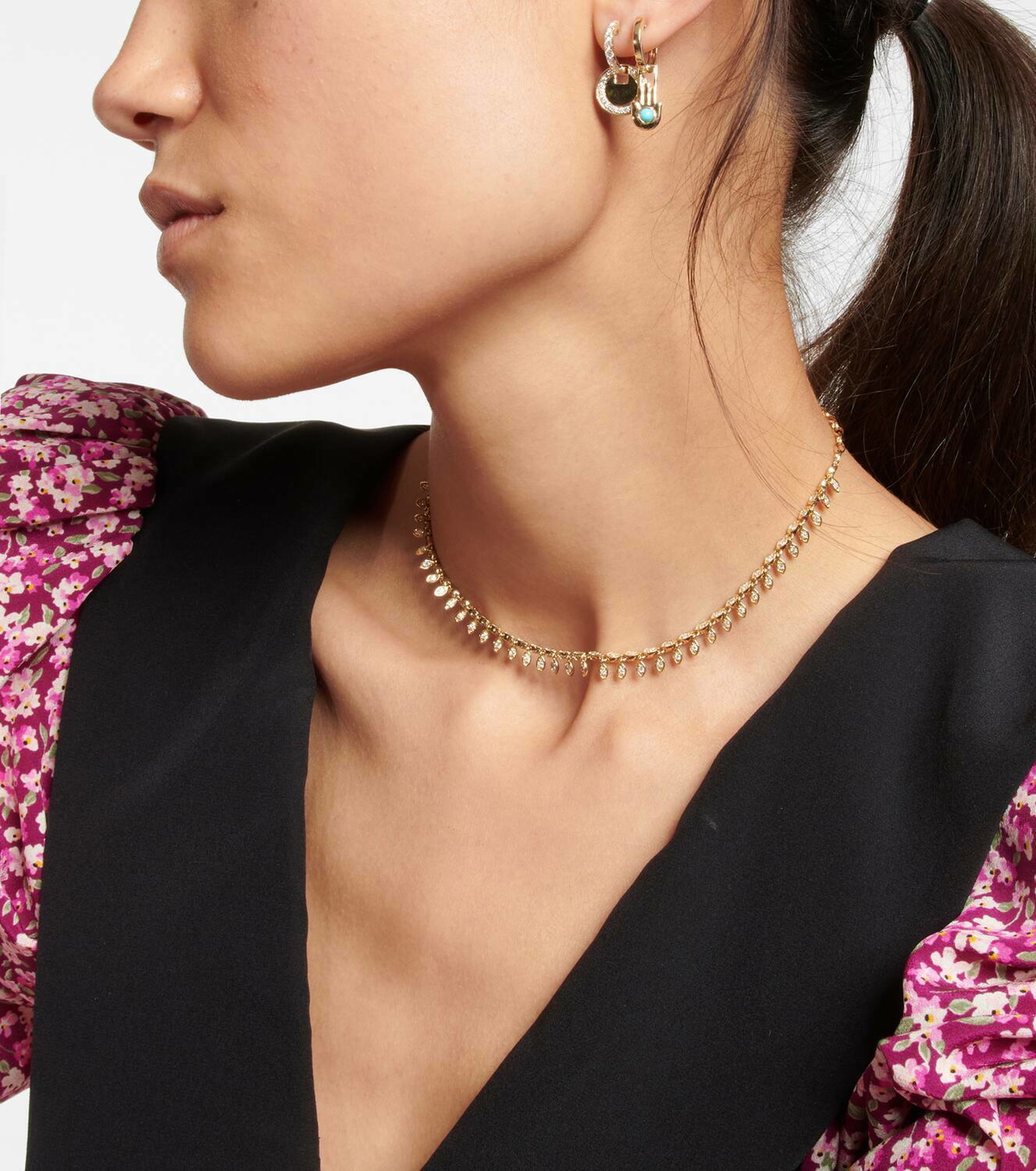 Robinson Pelham Orb Midi 14kt gold single hoop earring and Hamsa Hand Earwish with turquoise