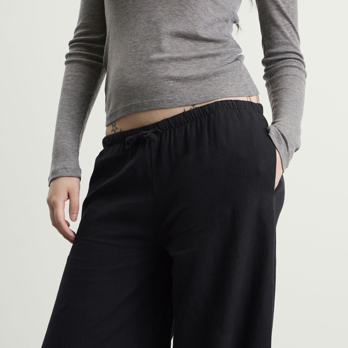 TALA Women's Soft Linen Drawstring Trousers in Shadow Black