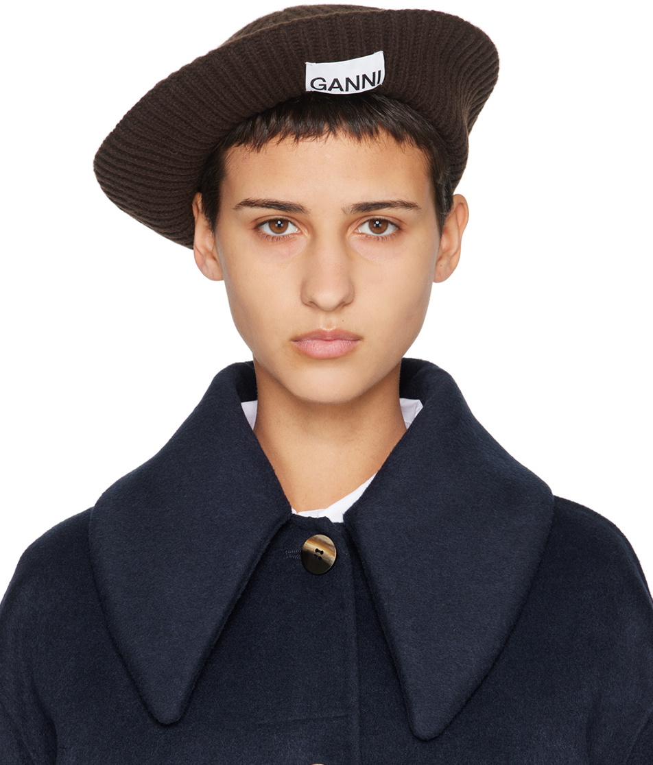 GANNI Brown Structured Rib Beret GANNI