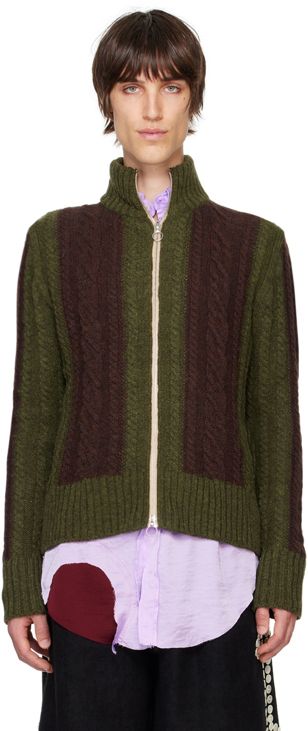 Edward Cuming Khaki & Burgundy Cable Knit Zip Sweater Edward Cuming