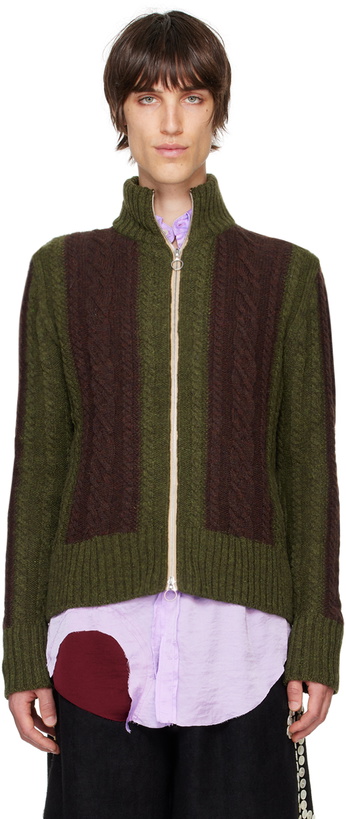 Photo: Edward Cuming Khaki & Burgundy Cable Knit Zip Sweater