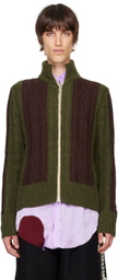 Edward Cuming Khaki & Burgundy Cable Knit Zip Sweater
