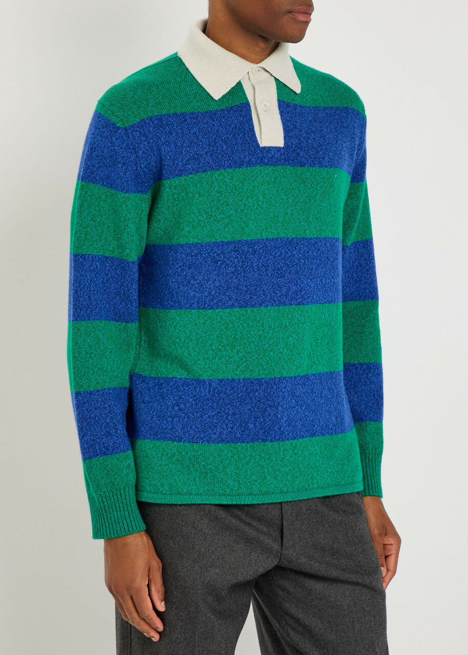 Begg & CO Hooped Striped Cashmere Polo Jumper Blue
