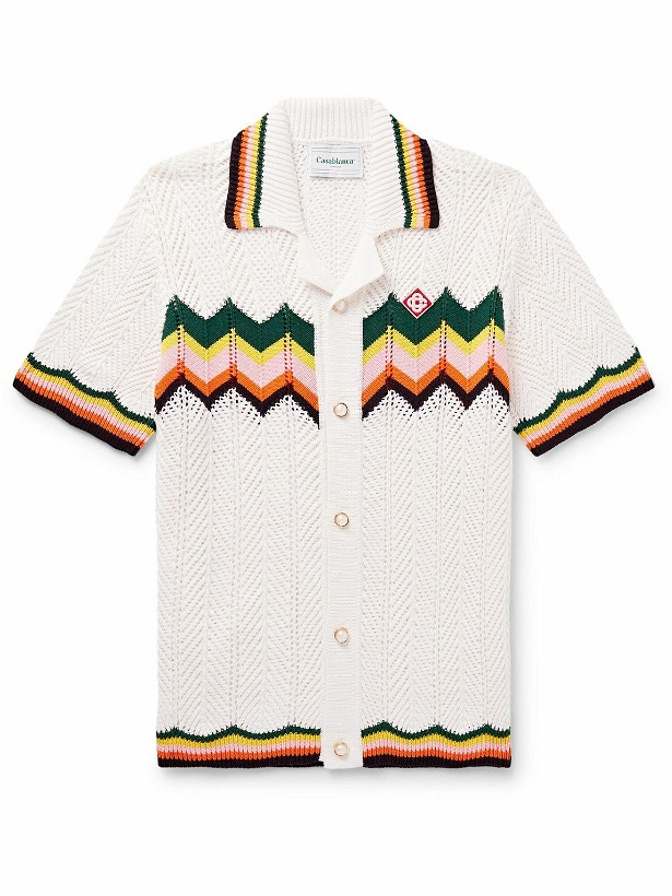 Photo: Casablanca - Camp-Collar Logo-Appliquéd Striped Crocheted Cotton Shirt - White