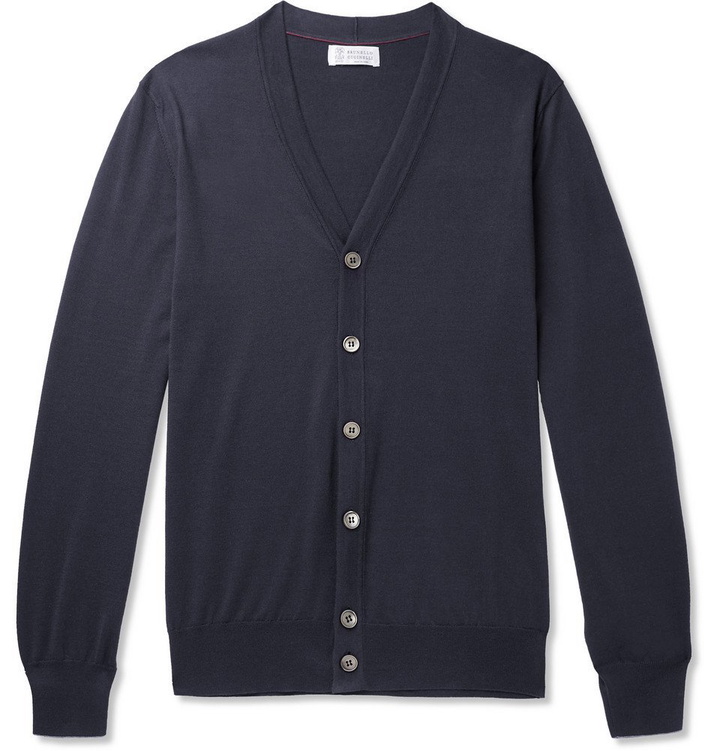 Photo: Brunello Cucinelli - Contrast-Tipped Cotton Cardigan - Navy