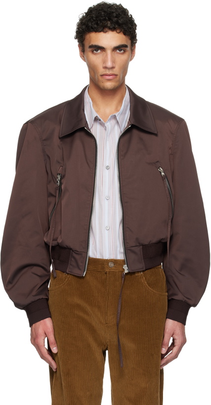 Photo: RECTO Brown Zipper Details Structured Tim Bomber Jacket