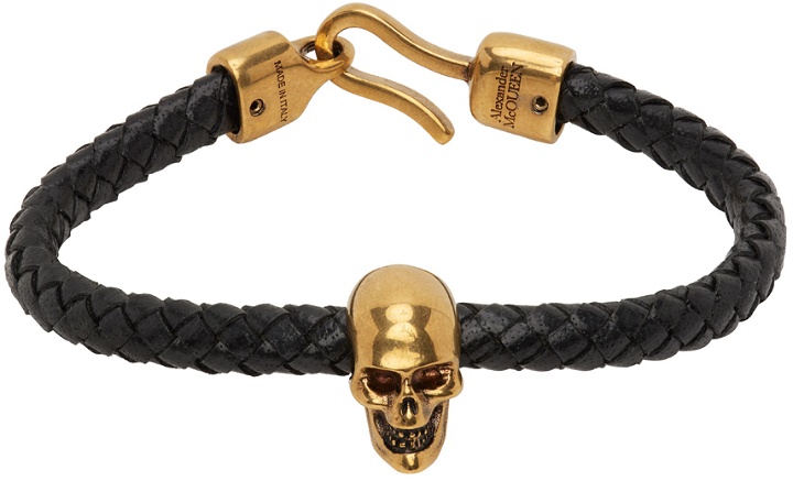 Photo: Alexander McQueen Black & Gold Skull Leather Bracelet