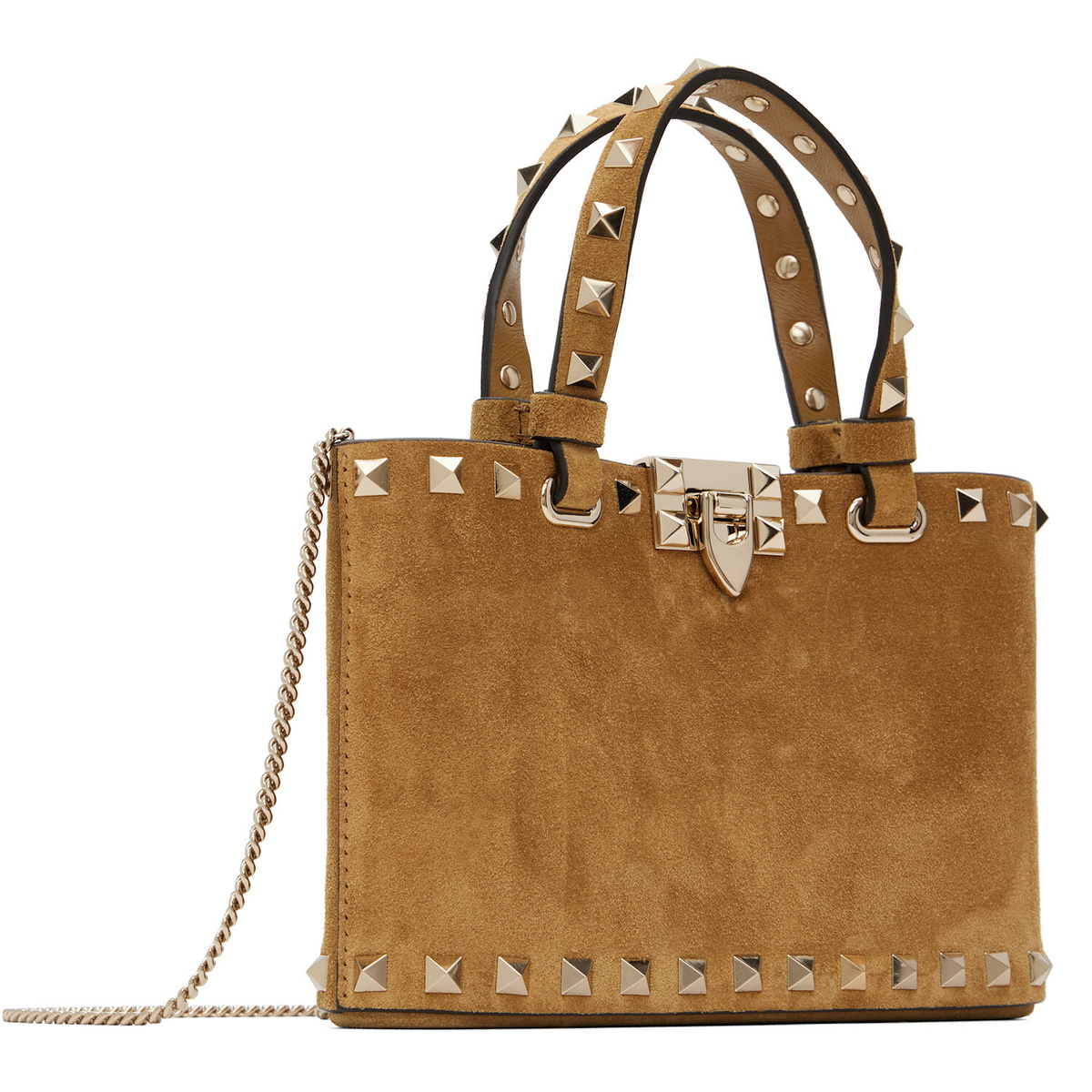 Valentino Garavani Tan Rockstud Mini Suede Shopping Tote