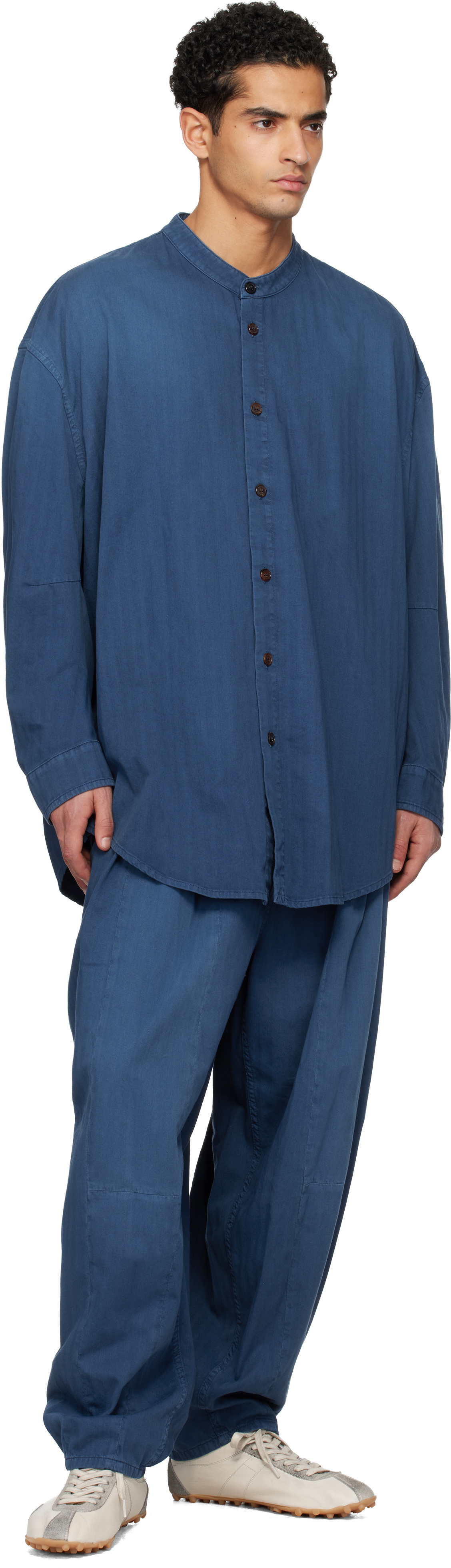 Hed Mayner Blue Herringbone Denim Shirt