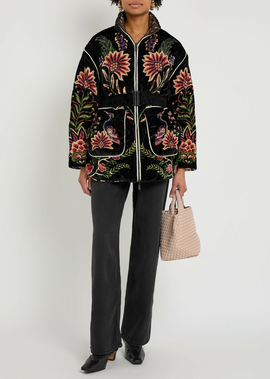 Farm Rio Marvelous Garden Floral-print Velvet Jacket Black