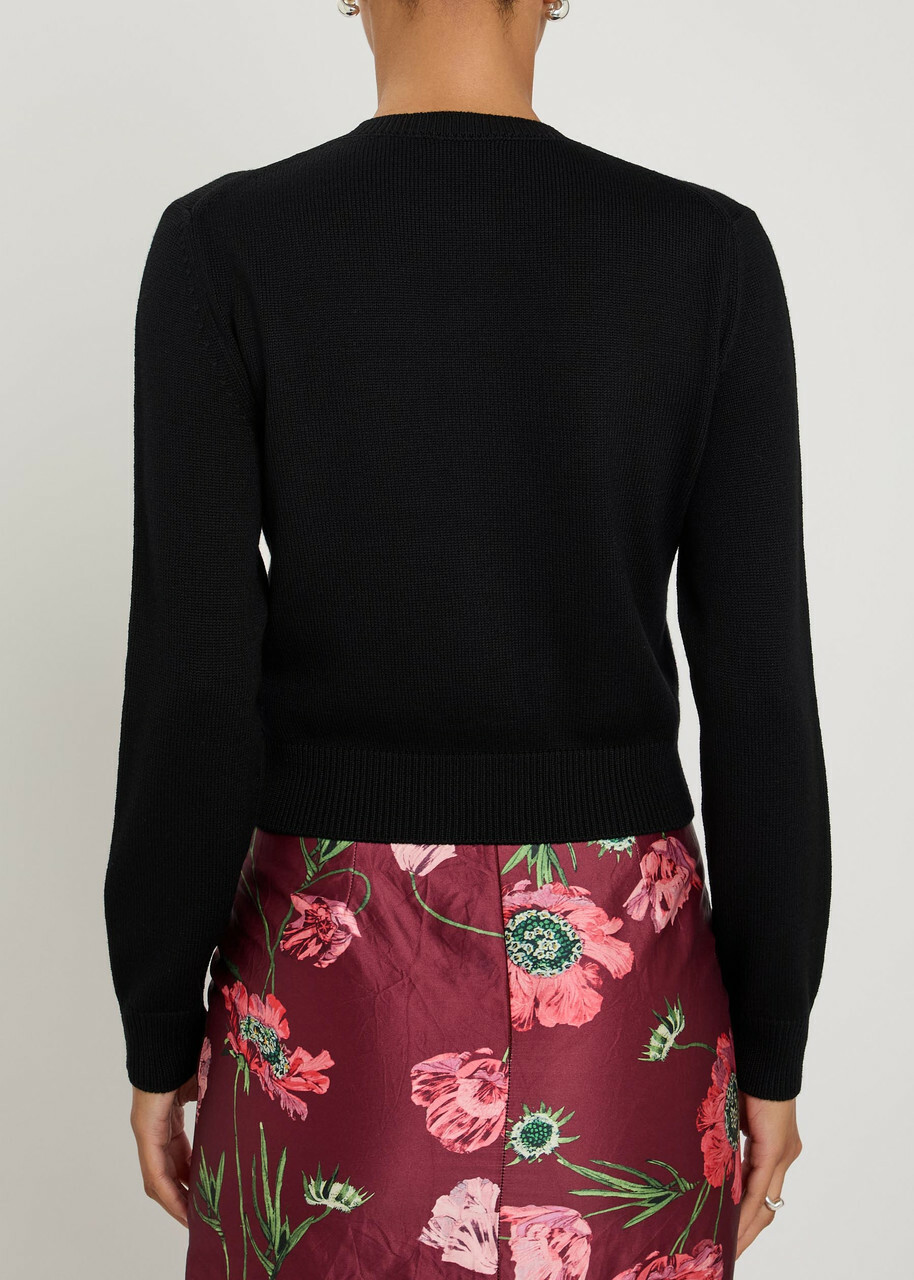 Erdem Floral-embellished Merino Wool Cardigan Black