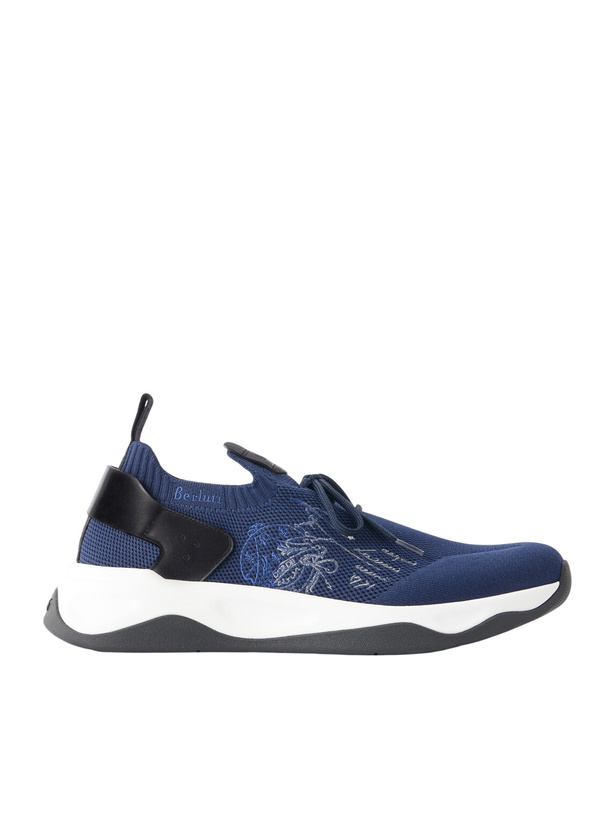 Photo: Berluti - Shadow Logo-Embroidered Leather-Trimmed Stretch-Knit Sneakers - Blue