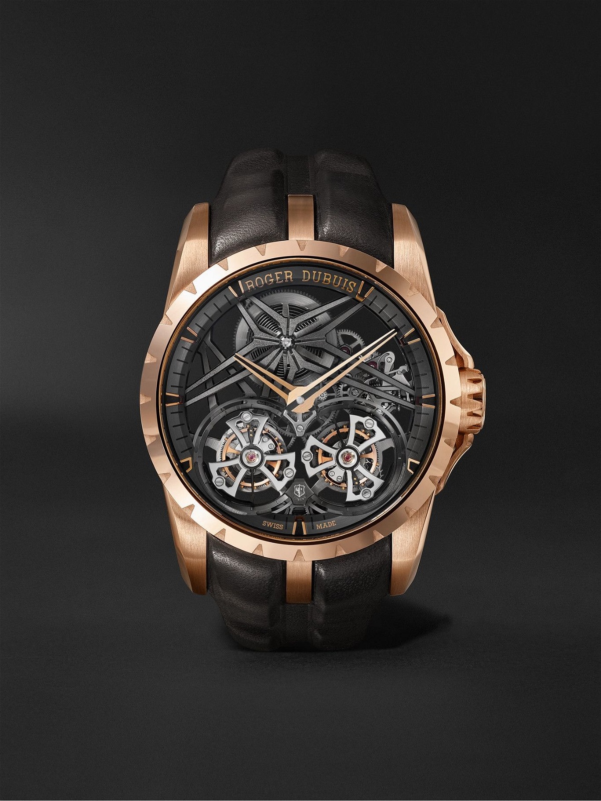 Photo: ROGER DUBUIS - Excalibur 45 Double Flying Tourbillon Limited Edition Hand-Wound Skeleton 45mm EON Gold and Leather Watch, Ref. No. DBEX0818