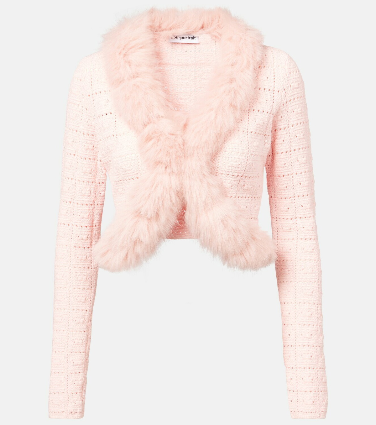 Self-Portrait Faux fur-trimmed open-knit cardigan