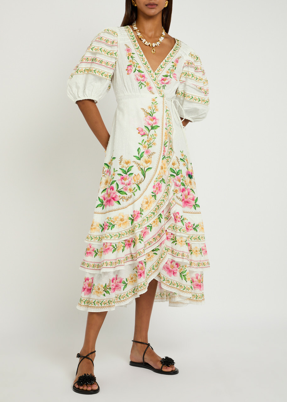 Farm Rio Palm Dream Printed Cotton Midi Wrap Dress White