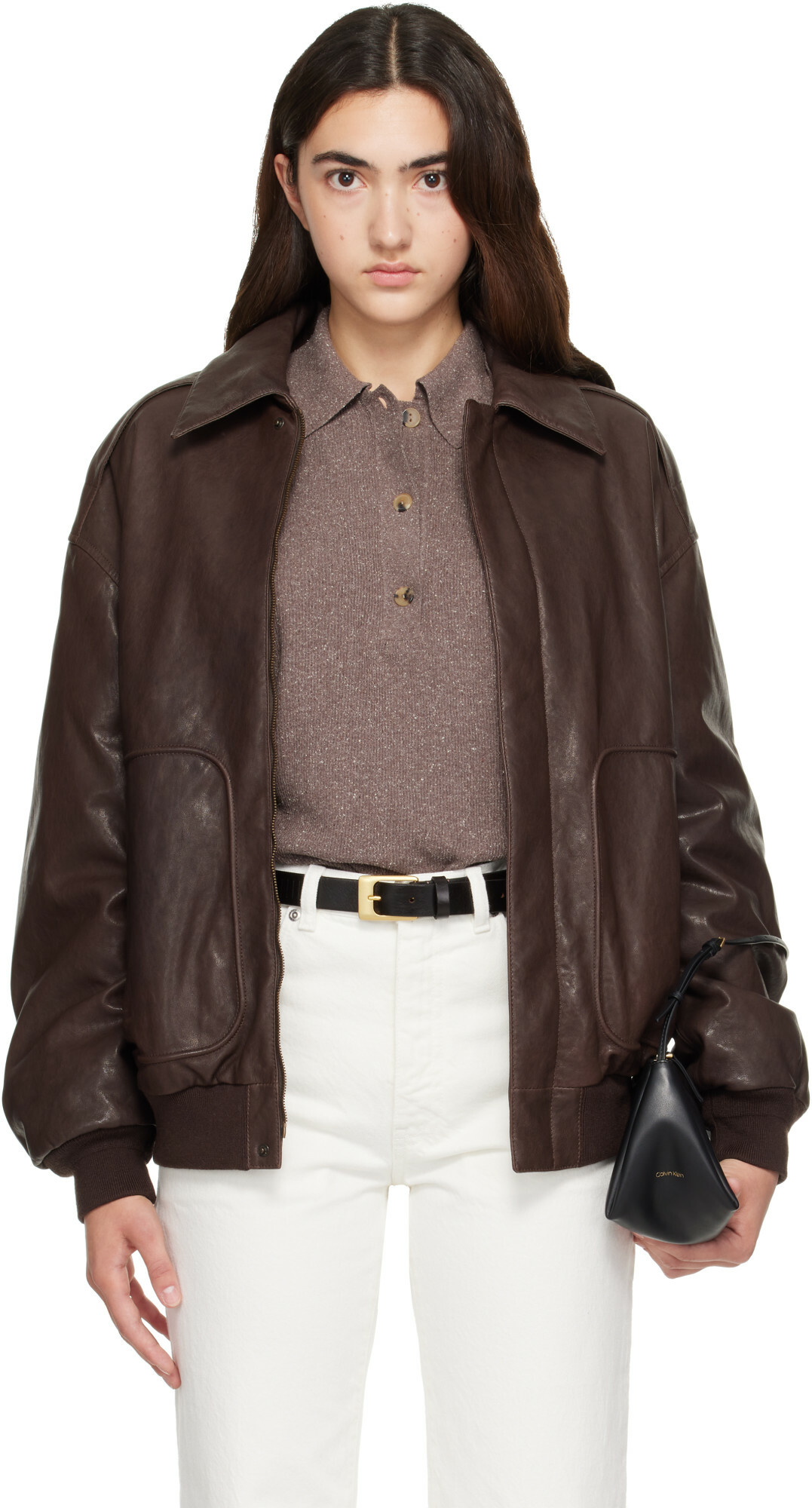 Calvin Klein Collection Brown Leather Bomber Jacket